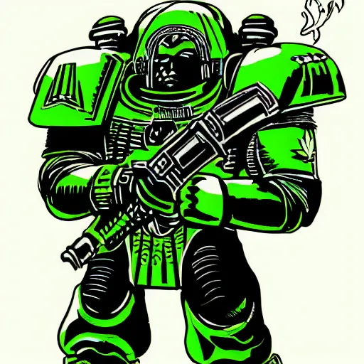 Prompt: a space marine in green armor with cannabis leafs as insignia, comic style