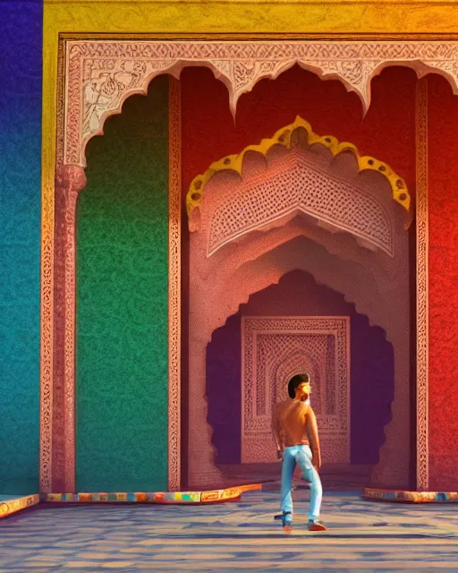 Image similar to gay pride!!!! at taj mahal. high quality photorealistic octane render 4 k, hyperrealism, volumetric fog, serious, cgstation, symmetric