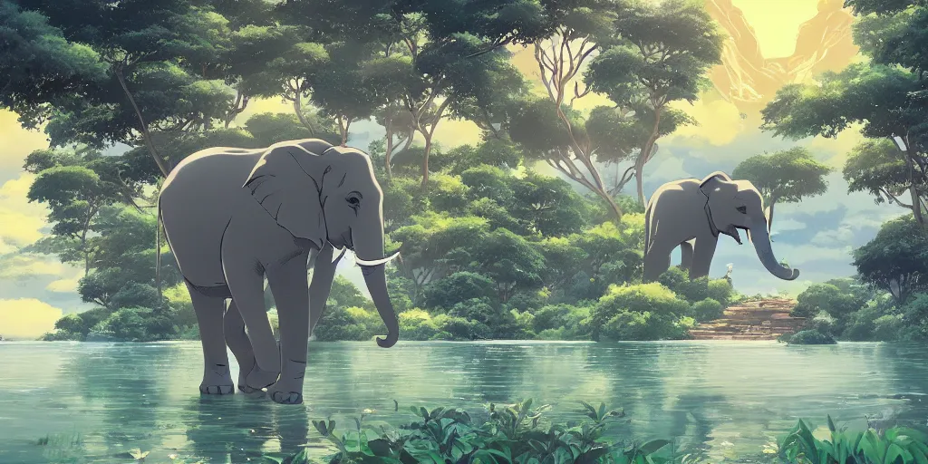 Prompt: mythical elephant in front of a lake with gardens and waterfall vibrant highlights sharp contrast trending pixiv fanbox by alex ross by victo ngai james gurney makoto shinkai takashi takeuchi studio ghibli
