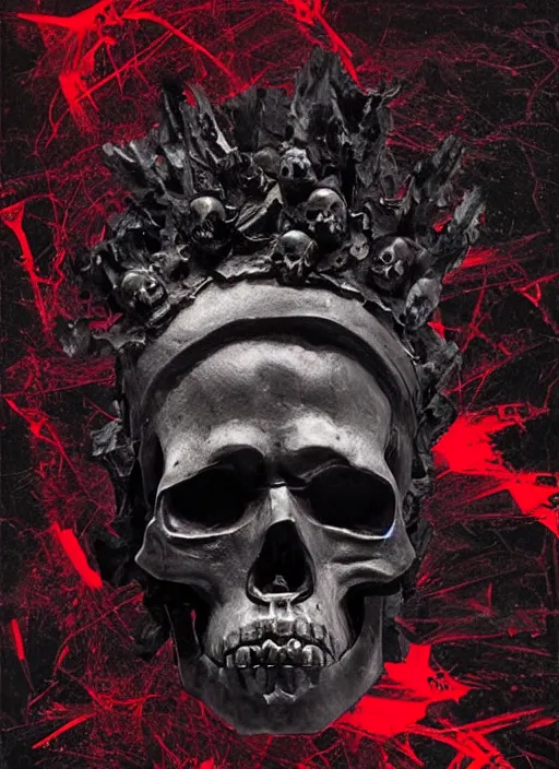 Image similar to dark design poster showing a close up of a heroic greco roman statue with skull, black background with very subtle red and purple design elements, powerful, nekro, vito acconci, thin straight lines, dark, glitch art, neo vaporwave, gritty, layout frame, square, trending on artstation