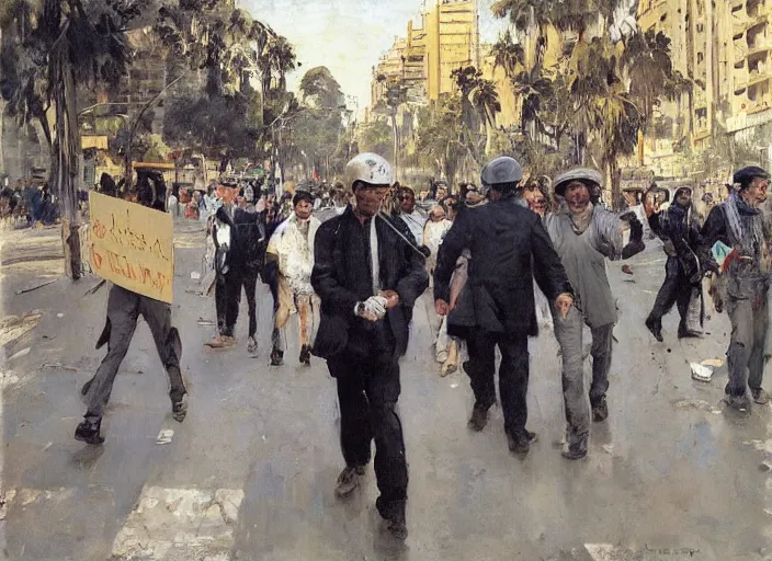 Prompt: a man protesting in a dystopian santiago de chile paseo ahumada by john berkey and manet