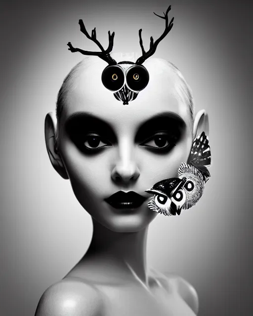 Image similar to surreal mythical dreamy dark artistic black and white fine art 3 / 4 fashion portrait photo of a young beautiful delicate female robot with orchid - owl face, rim light, cinematic, studio dramatic light, poetic, masterpiece, octane render, 8 k, photo - realistic by hg giger