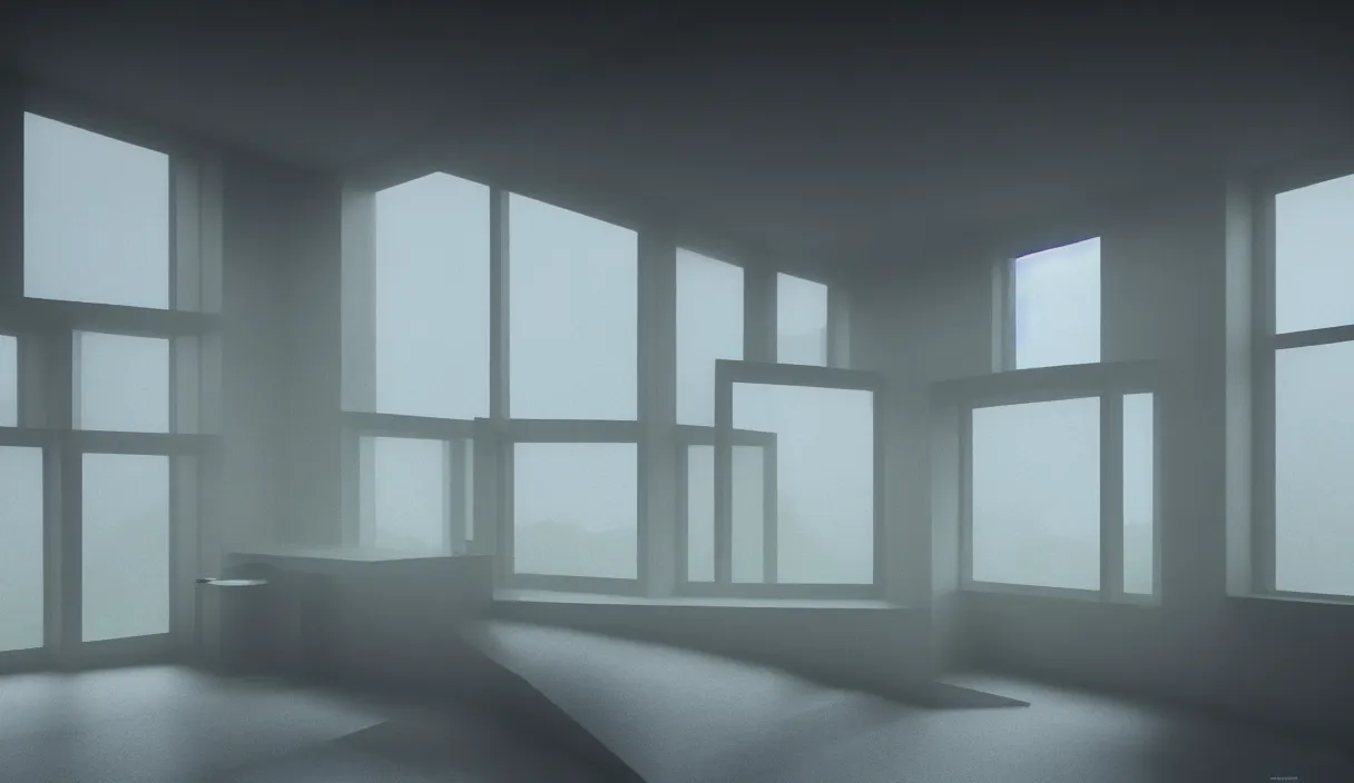 Image similar to an eco brutalist room with small windows, dramatic lighting, hyper realistic, photography, 3 5 mm, kodak film, 8 k, octane render, unreal engine render, concept art, volumetric lighting, foggy