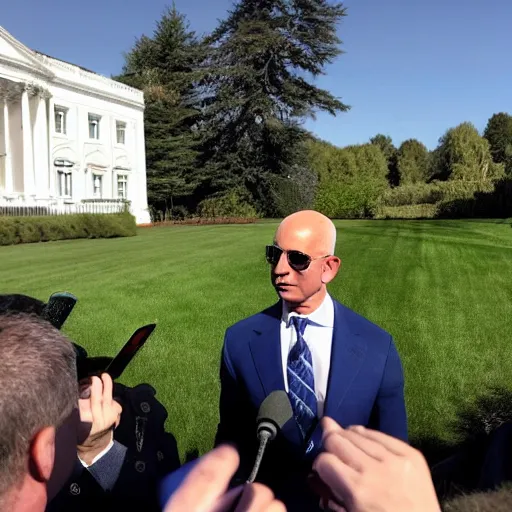 Image similar to Jeff Bezos as the president of the United States speaking with reporters on the what house lawn