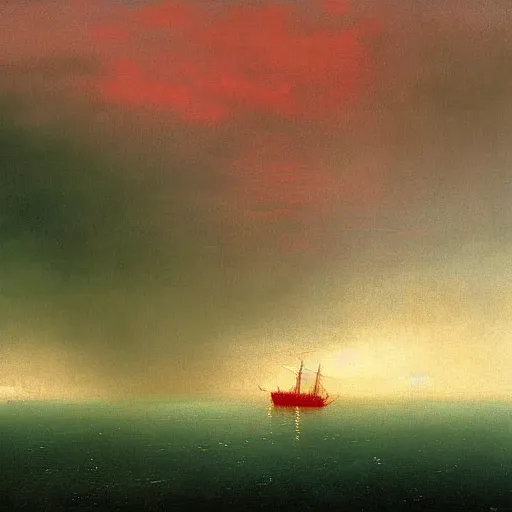 Image similar to minimalist symmetrical red clouds and green ocean in iceland fjord with sailboat painting by ivan aivazovsky