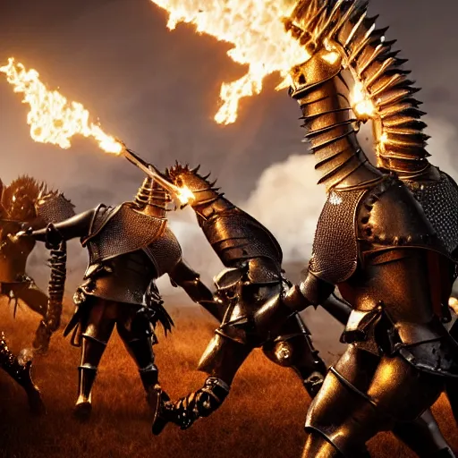 Image similar to a giant fire breathing giraffe wearing intricate spiked iron battle armor attacking a group of fleeing knights, dramatic lighting, highly detailed, photorealistic, cinematic, octane render