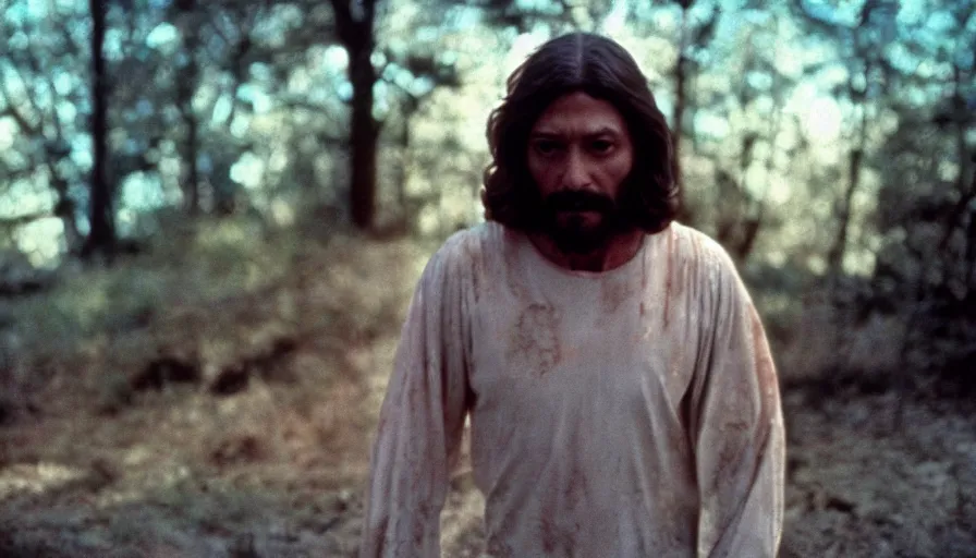 Image similar to 7 0 s film still from a horror movie starring jesus, kodachrome, cinecolor, cinestill, film grain, film texture, retro, cinematic, high resolution, photorealism,