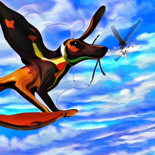 Image similar to flying dog with propeller on it's back flying like a helicopter, digital art, highly detailed