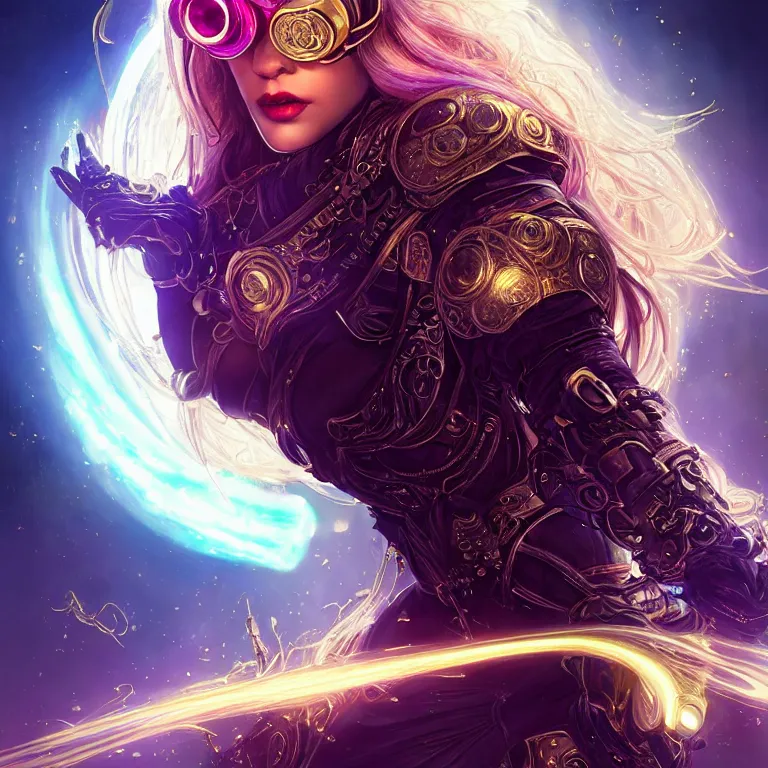 Image similar to beautiful cinematic fantasy poster, a beautiful cyberpunk goddess wearing ornate gold sci-fi goggles, flowing illuminated hair, beautiful glowing galaxy eyes, wideshot ultrawide angle epic scale, hybrid from The Elden Ring and art direction by Darius Zawadzki ;by artgerm; wayne reynolds art station; cinematic quality character render; low angle; ultra high quality model; production quality cinema model;
