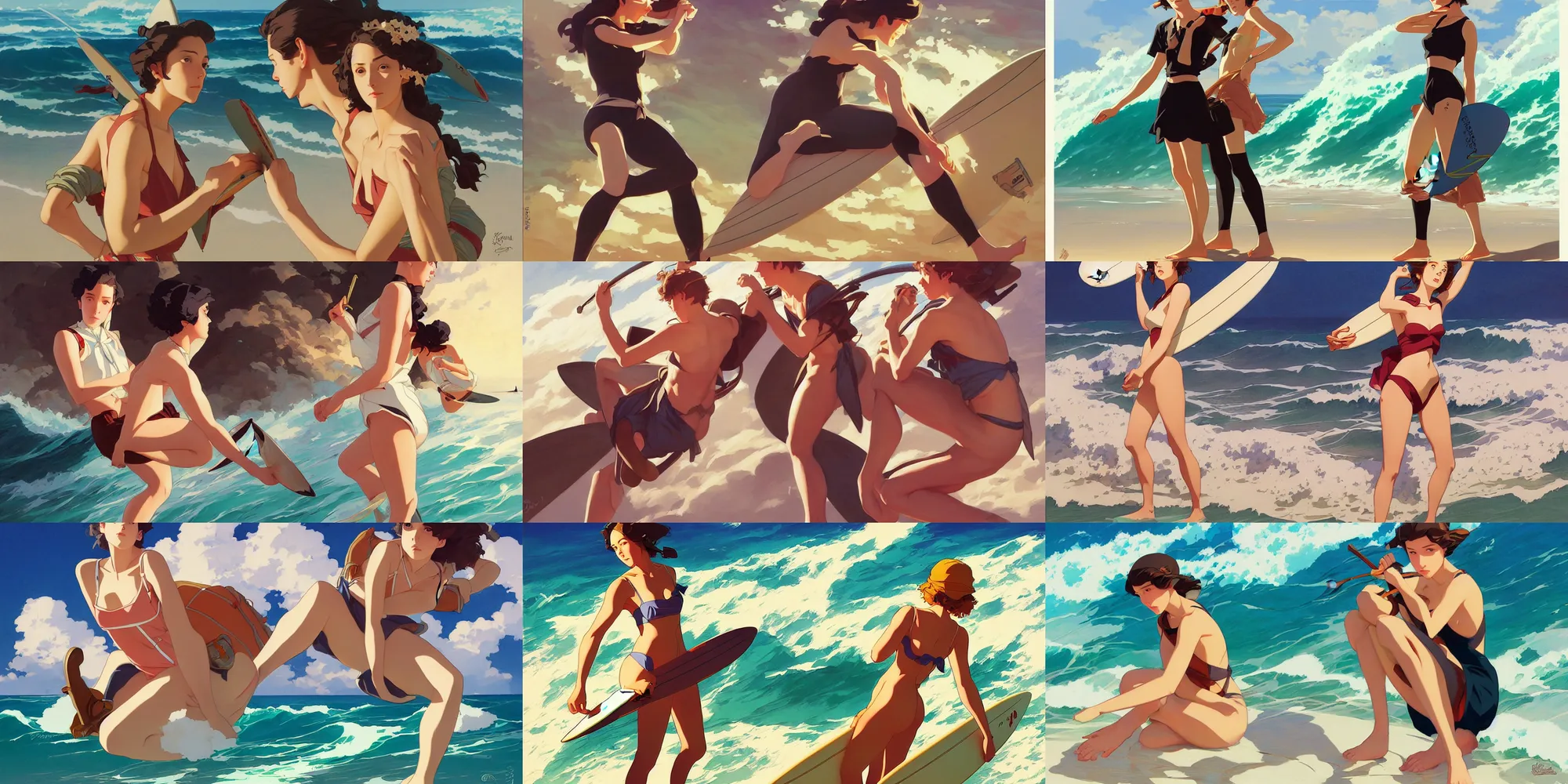 Prompt: surf, in the style of studio ghibli, j. c. leyendecker, greg rutkowski, artgerm