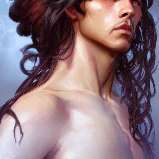 Image similar to beautiful, strong, mixed race, long hair, male, face, head shot, fantasy, highly detailed, digital painting, artstation, concept art, smooth, sharp focus, illustration, art by artgerm and greg rutkowski and alphonse mucha