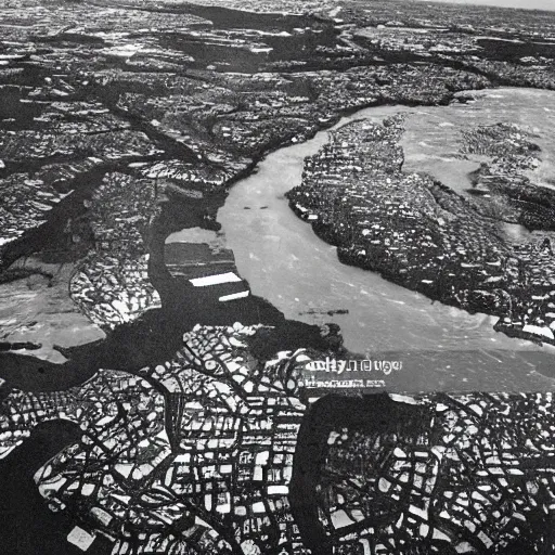 Image similar to a city on the moon with trees. river in the foreground. ocean in the background