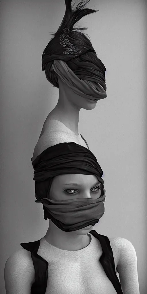 Prompt: women with cloth over over her face, highly detailed, modern, digital art, black and white, unreal engine, photorealism