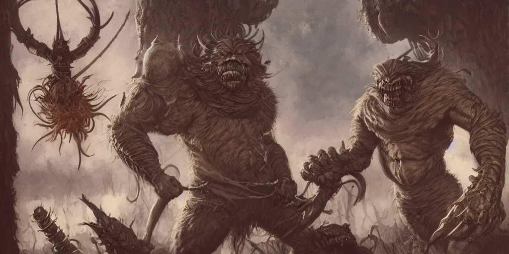 Image similar to quarter length portrait of a bugbear, d & d, fantasy, greg rutkowski, frank frazetta, alexandre chaudret, boris vallejo, michael whelan, miro petrov, hr giger, magali villeneuve, donato giancola gediminas pranckevicius