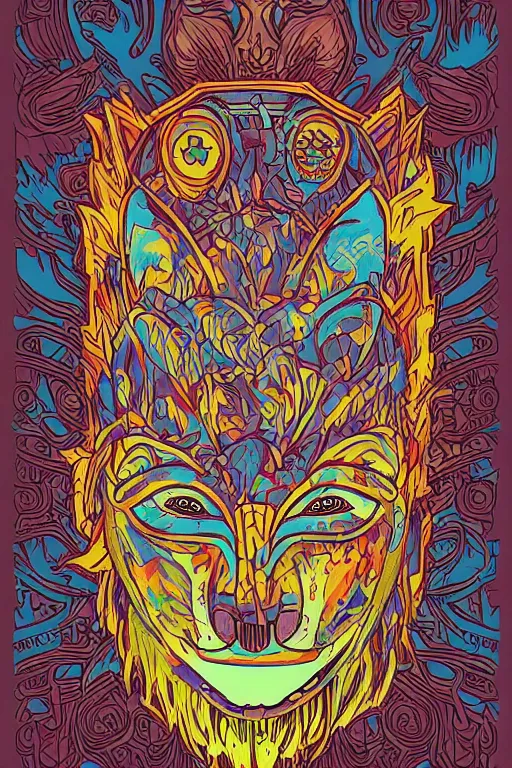 Image similar to animal mask totem roots flower tribal feather gemstone plant wood rock shaman vodoo video game vector cutout illustration vivid multicolor borderlands comics by josan gonzales and dan mumford radiating a glowing aura