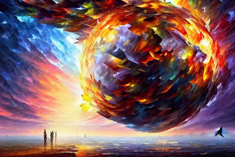 Image similar to a god giving birth to a new universe and then dissolving itself into it, in the style of wlop chad knight and leonid afremov, illustration, epic, fantasy, hyper detailed, smooth, unreal engine, sharp focus, ray tracing