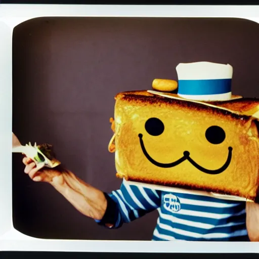 Prompt: anthropomorphic octopus wearing a chef's hat, holding a grilled cheese, 9 0's fashion, polaroid photo, by andy warhol
