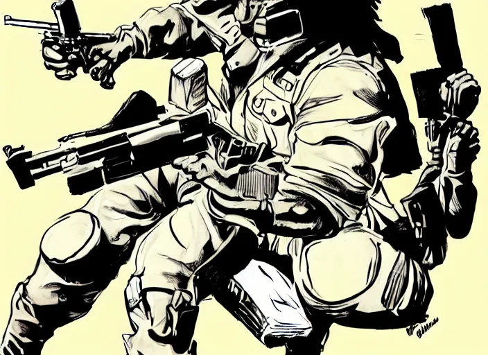 Prompt: solid snake breaking into a terrorist hideout while riding a motorcycle and firing a gun, in the style of jack kirby