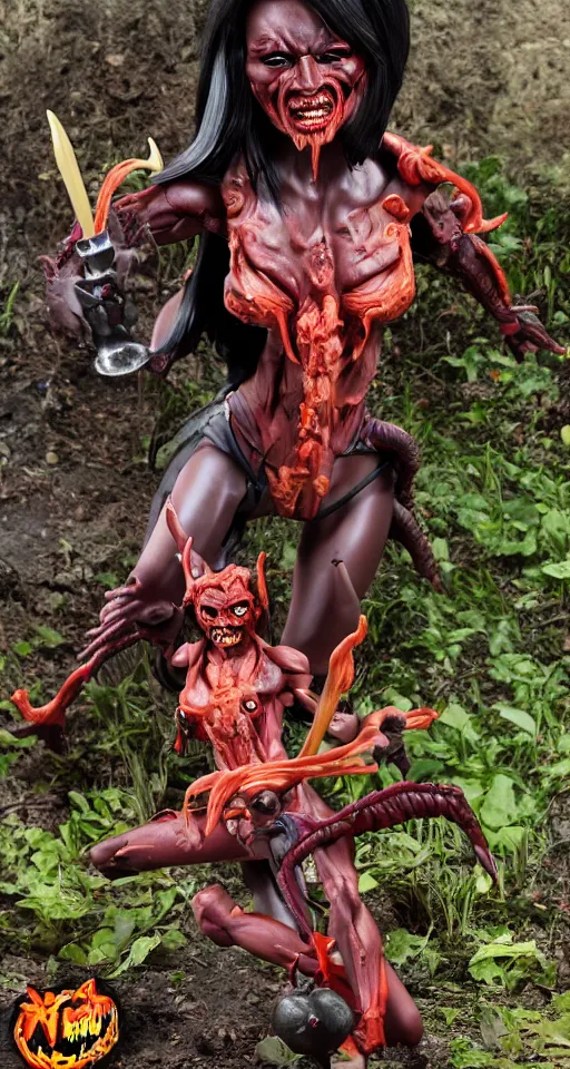 Image similar to craxula, the filipina demon from hell, actionfigure with play set with coffin and graveyard, photorealistic, hdr, 8 k, designed by hasbro mezco and yasushi nirasawa