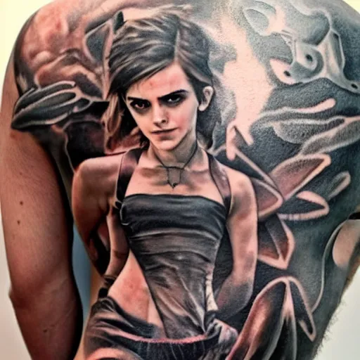 Prompt: man with tattoo of emma watson on arm back by greg rutkowski