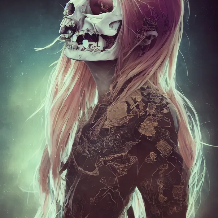 Prompt: portrait of blonde anime girl as a skull in a suit. intricate abstract. intricate artwork. nightmare fuel. by Tooth Wu, wlop, beeple, dan mumford. octane render, trending on artstation, greg rutkowski very coherent symmetrical artwork. cinematic, hyper realism, high detail, octane render, 8k, iridescent accents