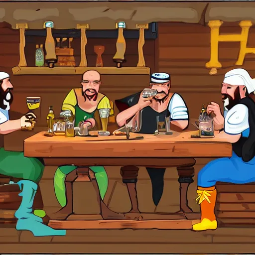 Image similar to Three important pirates drinking grog in a tavern table 16 bit computer art