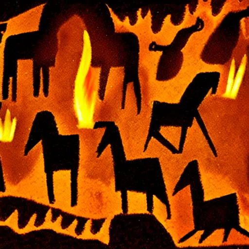 Prompt: paleolithic cave painting, illuminated by fire