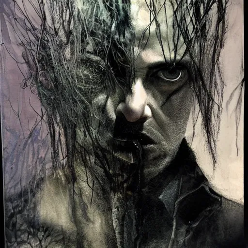 Image similar to stunning portrait of gaunt blixa bargeld a ( the cure fan ) as dream from sandman, dim stars as eyes, by jeremy mann, by cedric peyravernay, by by russ mills, by richard avedon and ben templesmith, dramatic lightning, sadness, dark eye sockets, in the shadows, punk rock, gothic, high detailed, 8 k