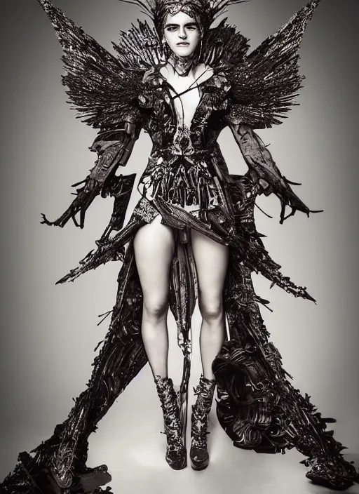 Image similar to expressive full body photo of a emma watson, headpiece made from knives, dress made of swords, glamour shot, by karol bak, by stefan gesell, photorealistic, canon r 3, fashion photography, hyper maximalist, elegant, ornate, luxury, elite, environmental portrait, symmetrical features, octane render, unreal engine, solid dark grey background, dramatic lights