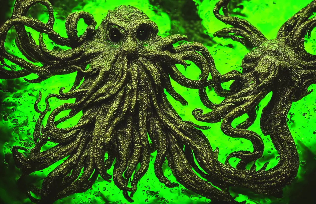 Image similar to cthulhu monster closeup, portrait, under water, glowing algae, sigma lens, strong bokeh, photography, highly detailed, 8 5 mm, f / 1. 3, foggy, dramatic lighting, 4 k