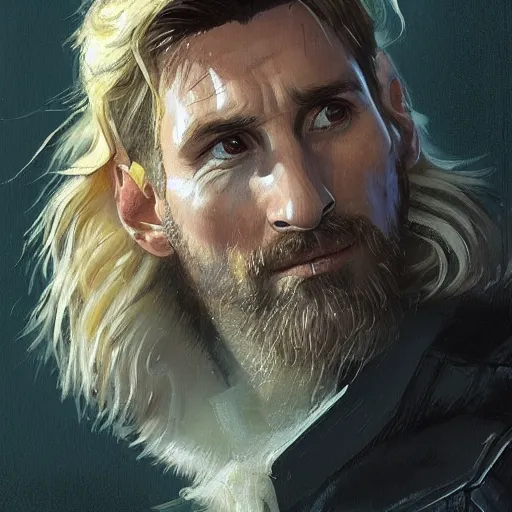 Image similar to portrait of lionel messi by greg rutkowski, cade skywalker, messy blond hair, beard, tall and muscular, star wars expanded universe, he is about 3 0 years old, wearing a flying jacket, distrustful and arrogant, highly detailed portrait, digital painting, artstation, concept art, smooth, sharp foccus ilustration, artstation hq