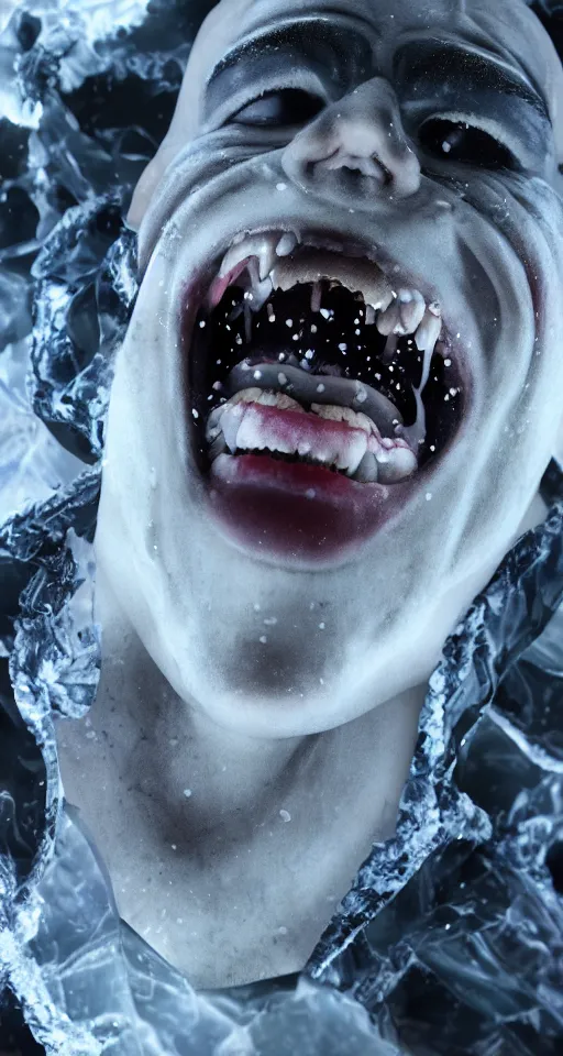 Image similar to up close shot of vampire fangs, vampire human, winter, dark scenery, dark lighting, cinematic, cold freezing nights, laser lights, crybernetic, top floor boss shit, destroy lonely, black floor, lavish, luxurious, marble walls, cinematic, hyper realism, high detail, octane render, 8 k