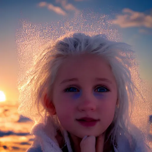 Image similar to ice dust around a frozen girl with white hair and blue eyes on the seashore, In detail, sunset