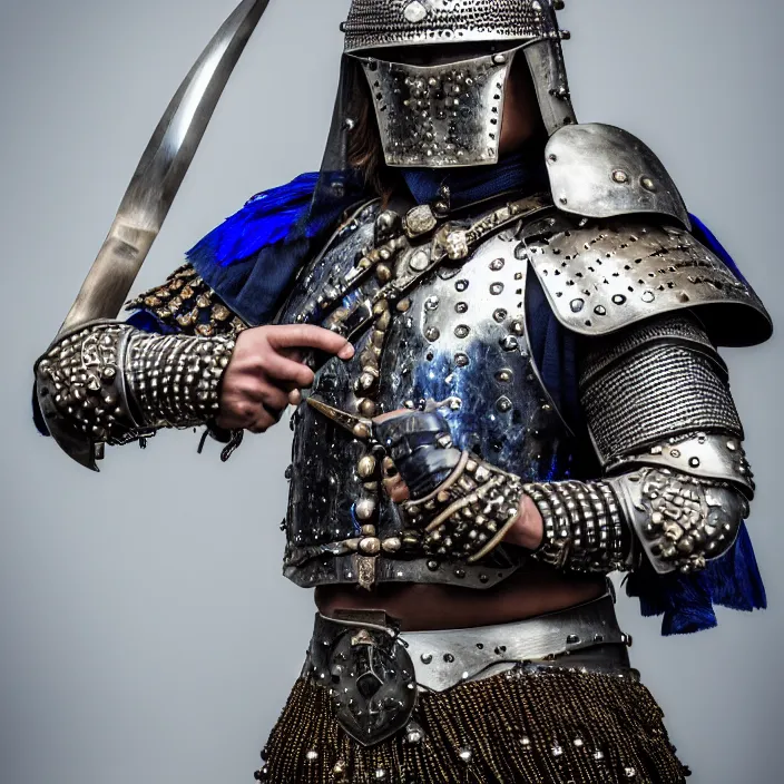Image similar to portrait photograph of a real-life warrior with sapphire encrusted armour. Extremely detailed. 8k