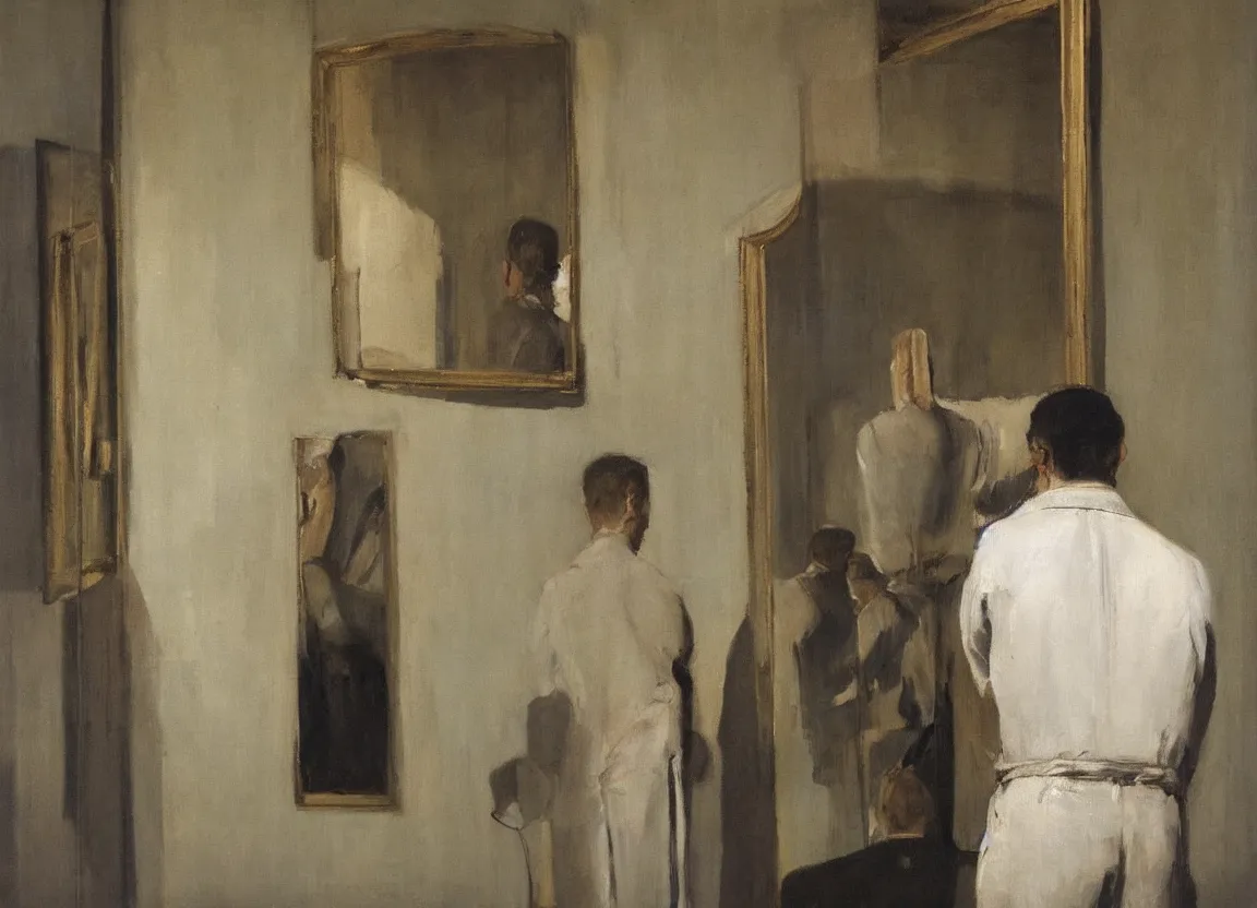 Prompt: painting by borremans, man back standing in front on the mirror in opera theatre, detailed, stunning