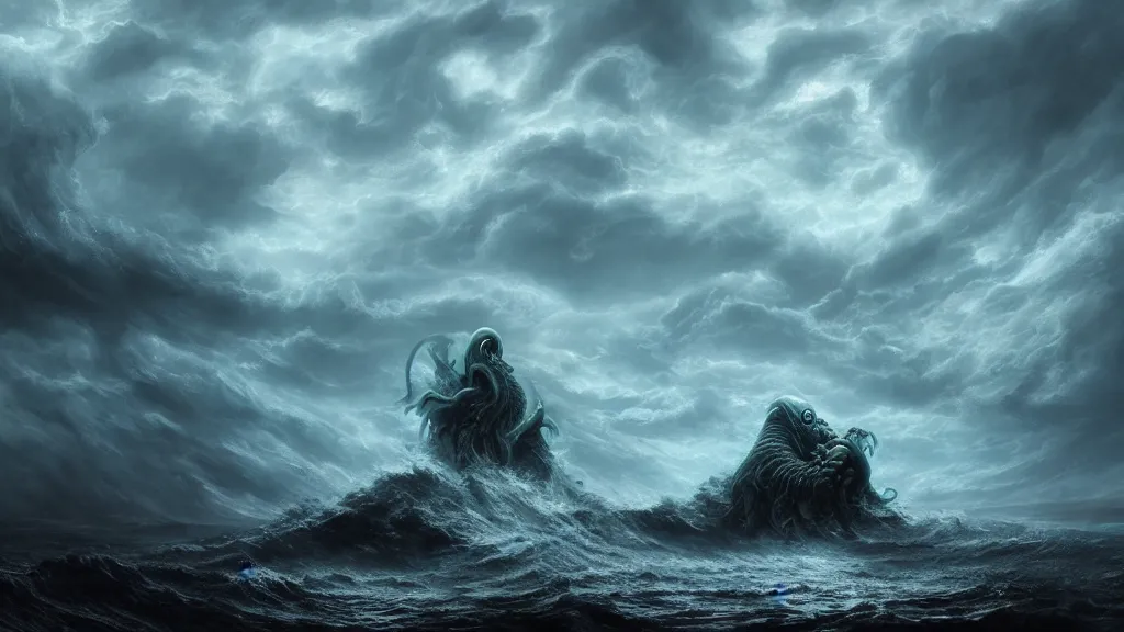 cthulhu rising out a stormy ocean, ancient evil, | Stable Diffusion