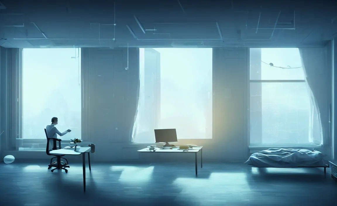 Prompt: venue, white bed, desk, computer, warm light, floor to ceiling window, the night scene outside the window. future science fiction. game cg, hyperdetailed, trending on cgsociety