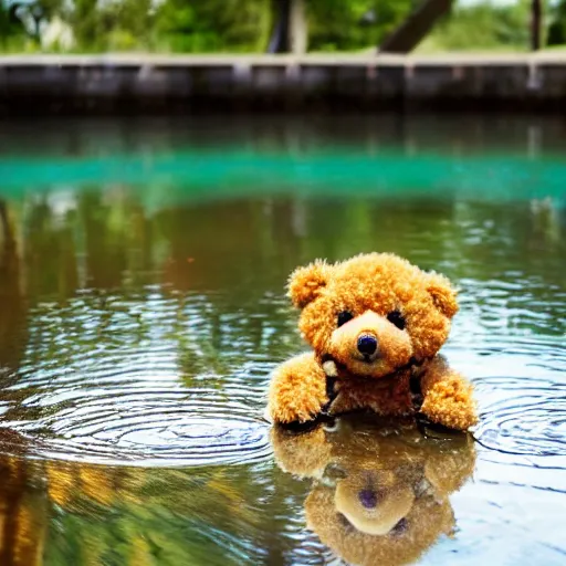 Image similar to A apricot colored toy poodle that looks like a teddy bear riding a bike in a beautiful park with a pond