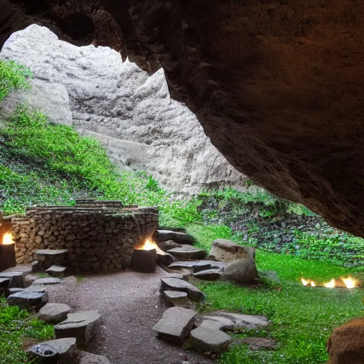Prompt: wide shot of a cave, lit by tiki torches, an area stage in the middle, fit for gladiators, dark stone cobbles