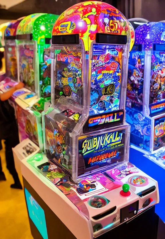 Image similar to cyberpunk gumball gashapon machine, filled with cute toys, in an arcade