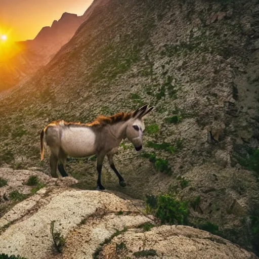 Image similar to an amazing portrait of a donkey on a slim rocky path at the edge of a cliff, rocky mountains in the background, sunset sky, wild life photography, national geographic, award winning, cinematic lighting, highly detailed