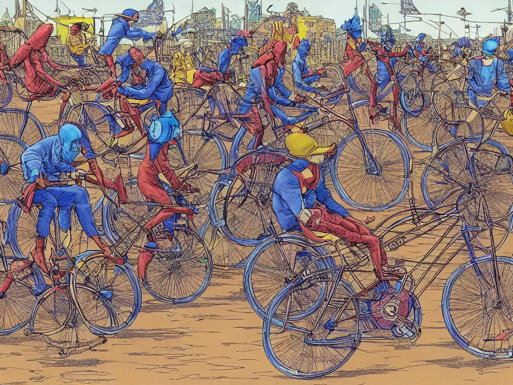 Image similar to masked riders on strange bicycles playing bike polo, in style of moebius, by jean giraud, highly detailed, colorful, epic,