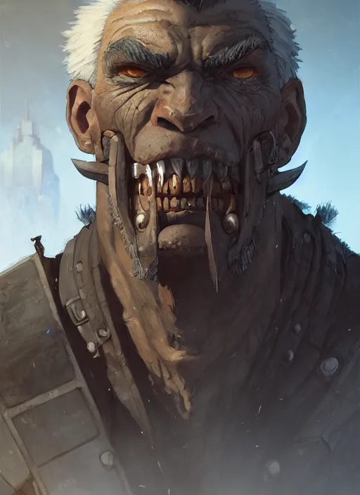 Image similar to a portrait of a ruggedly handsome dieselpunk orc with humanlike features in a city, key visual, ambient lighting, highly detailed, digital painting, artstation, concept art, sharp focus, by makoto shinkai and akihiko yoshida and hidari and wlop