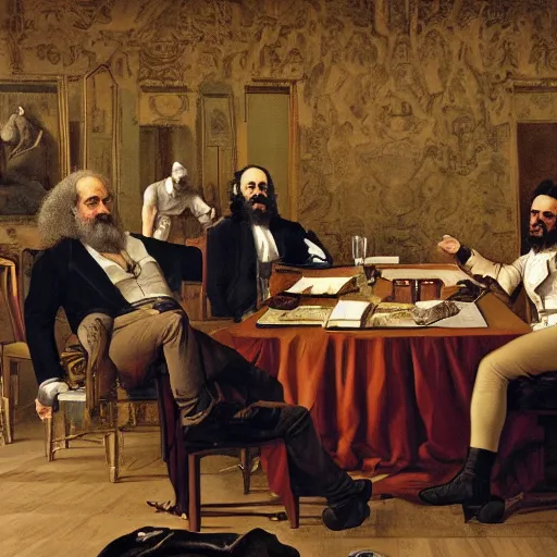 Prompt: the joe rogan podcast with karl marx and elon musk, intricate, highly detailed, digitial painting, art by jacque - louis david