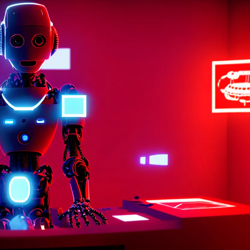 Image similar to a film still of a robot playing video games, cool, red, photo, realistic, hd, intricate details, cyberpunk, dark, horror, award - winning cinematic lighting, beautiful, 1 6 k