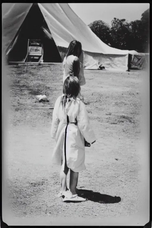 Image similar to photo polaroid of a sad and lonely child in a white coat and barefoot stands in the middle from behind the camera many big tents of field hospitals, pandemic, covid, loneliness, black and white ,photorealistic, 35mm film,