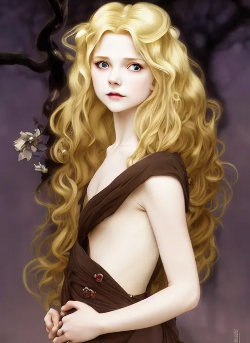 Prompt: young vampire blond girl, goddess of obsidian diamonds and black peonies, with long curly, golden hair, perfectly proportioned face, brown eyes, sweet smile, strong jawline, natural lighting, path traced, god rays, highly detailed, high quality, cartoon, digital painting, by new haicheng studio ghibli and riccardo federici and alphonse mucha