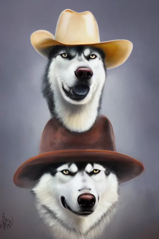 Image similar to a portrait painting of a husky in cowboy costume, wearing a cowboy hat, [ western film ], humanoid, personify, anthropomorphic, trending on artstation