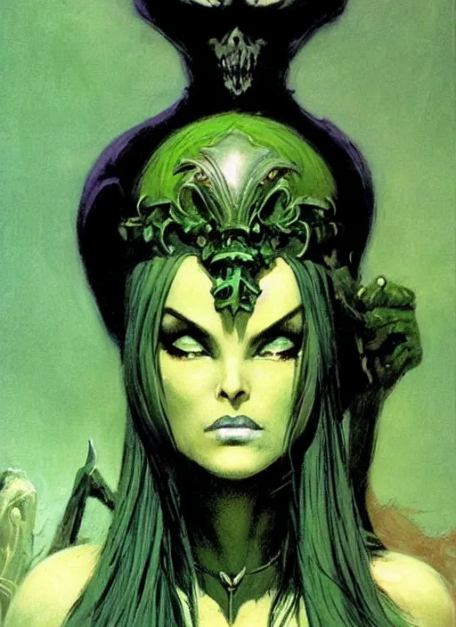 Prompt: mighty female necromancer sorceress, green tiara, strong line, deep color, beautiful! coherent! by frank frazetta, by brom, low angle