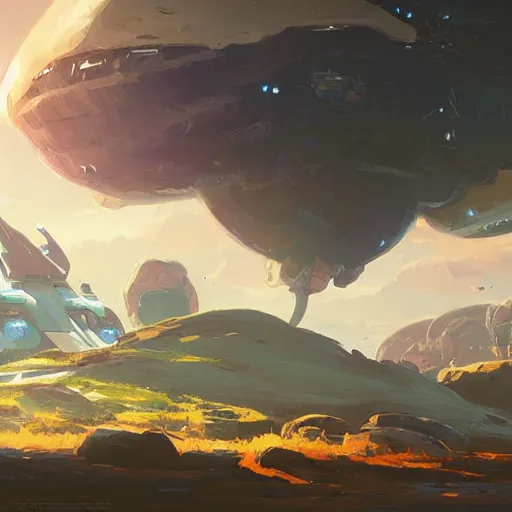 Prompt: landscape painting of a spaceship crashed into a foreign planet. clean sharp digital art, environment concept art, by rossdraws, ghibli, breath of the wild, greg rutkowski